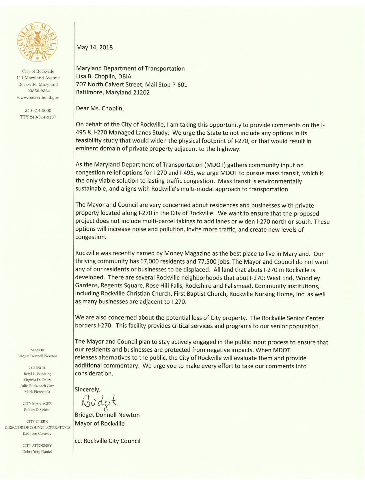 Image of Mayor and Council letter in opposition to widening or adding lanes to I-270 or I-495 as part of the state’s I-495 & I-270 Public-Private Partnership Program.