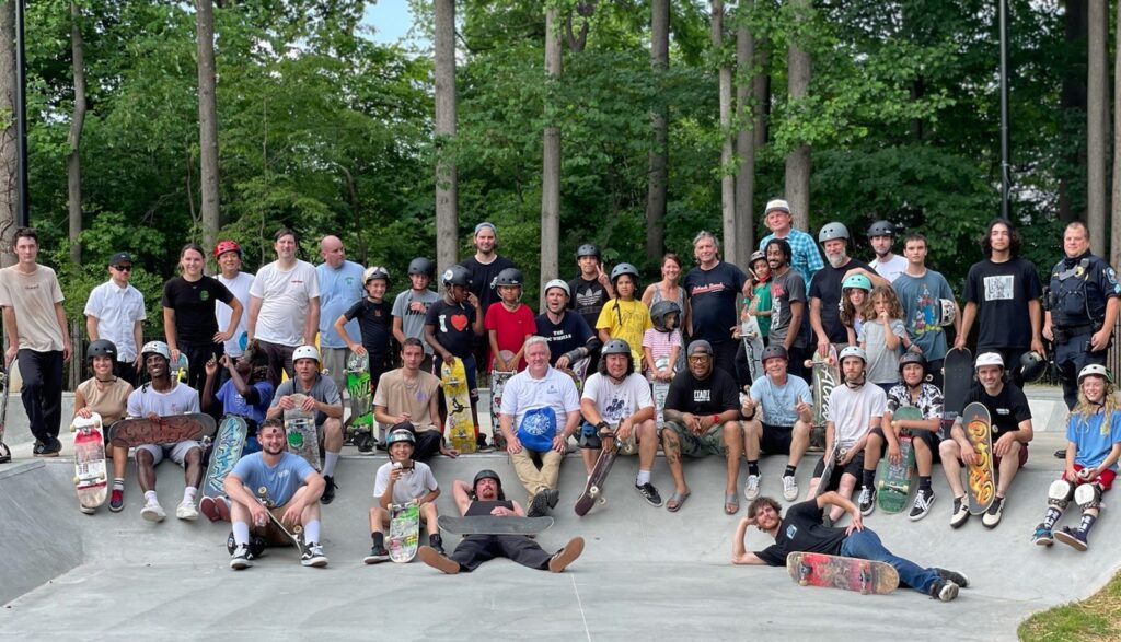 Group photo of skateboarders on June 7, 2021 at the opening of the Rockville Skate Park.