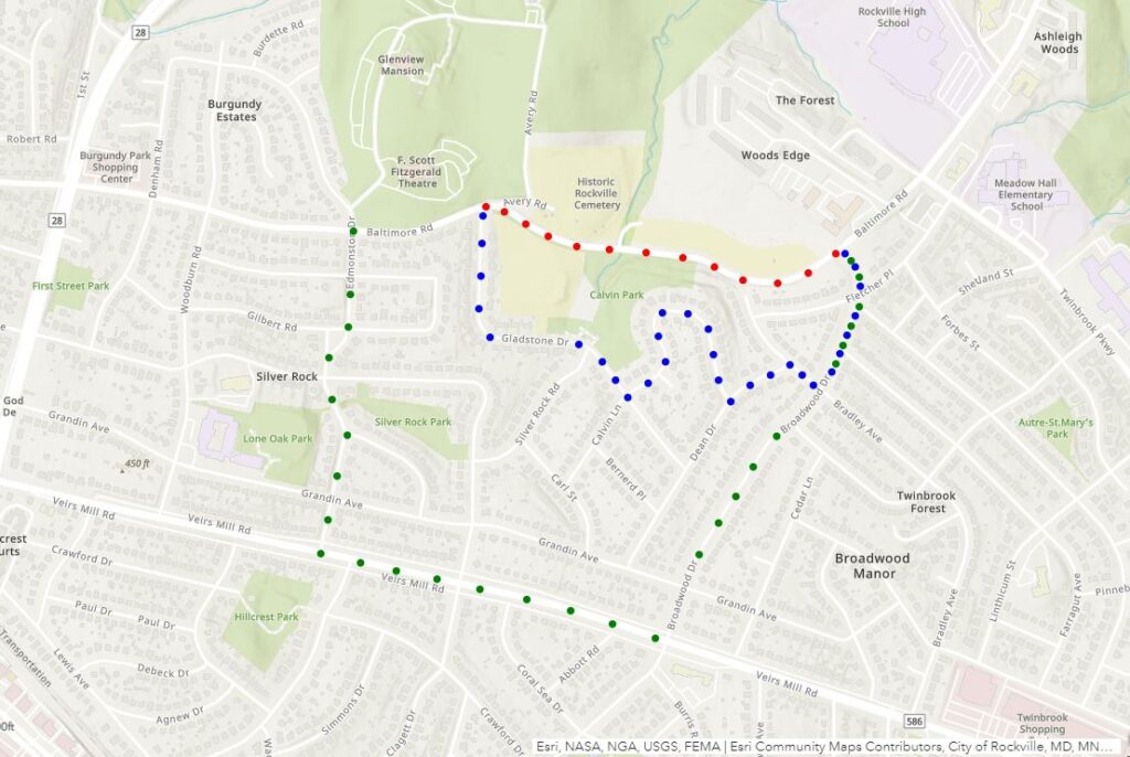 A map of detours around the Baltimore Road construction closure shows red dots marking the closed portion of the road, blue dots marking the pedestrian detour and green dots marking the vehicular detour.