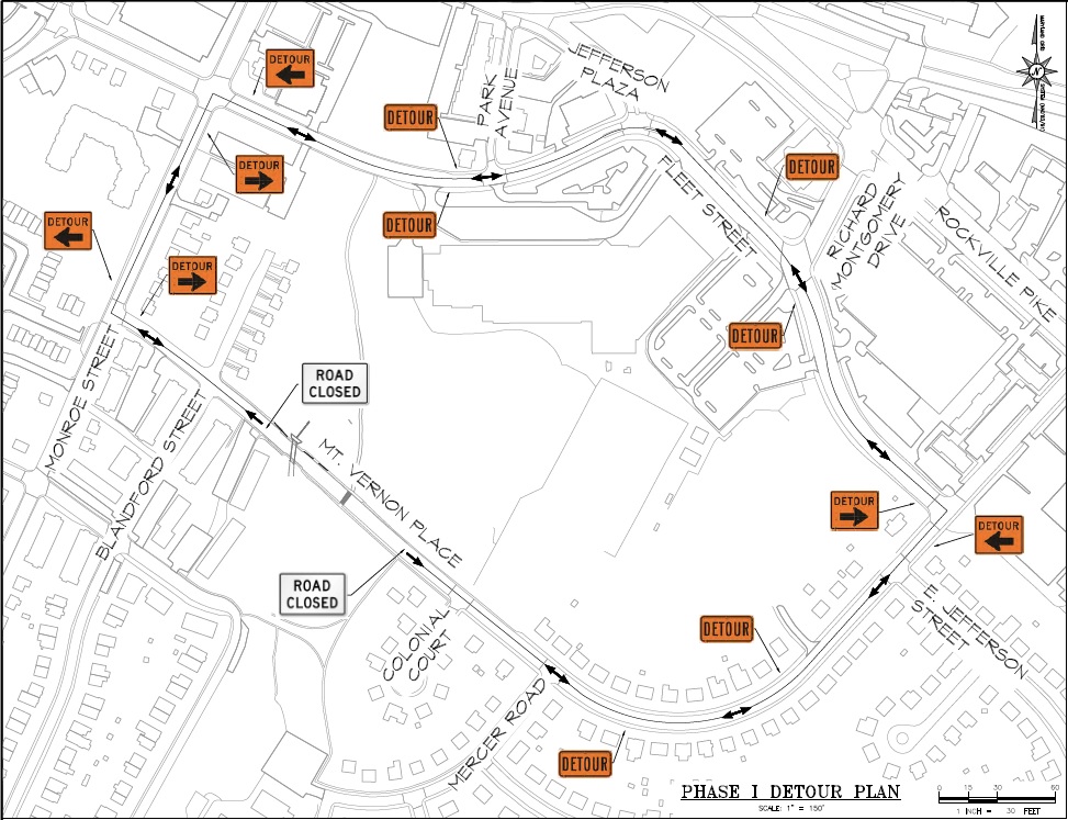 Street map with arrows indicating Mt. Vernon Place road closure and orange detour markings indicating pedestrian and vehicle detours around the closure.