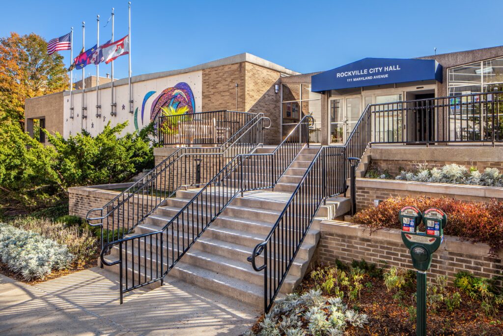 Photo of Rockville City Hall's main entrance on Vinson Street.