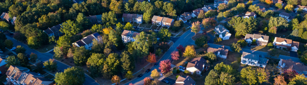 Aerial view of houses in a suburban neighborhood