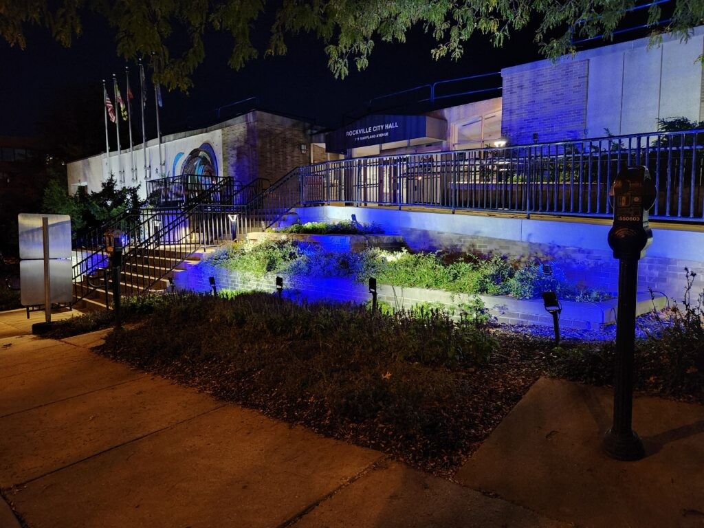 Rockville City Hall with blue and white lighting in support of Israel