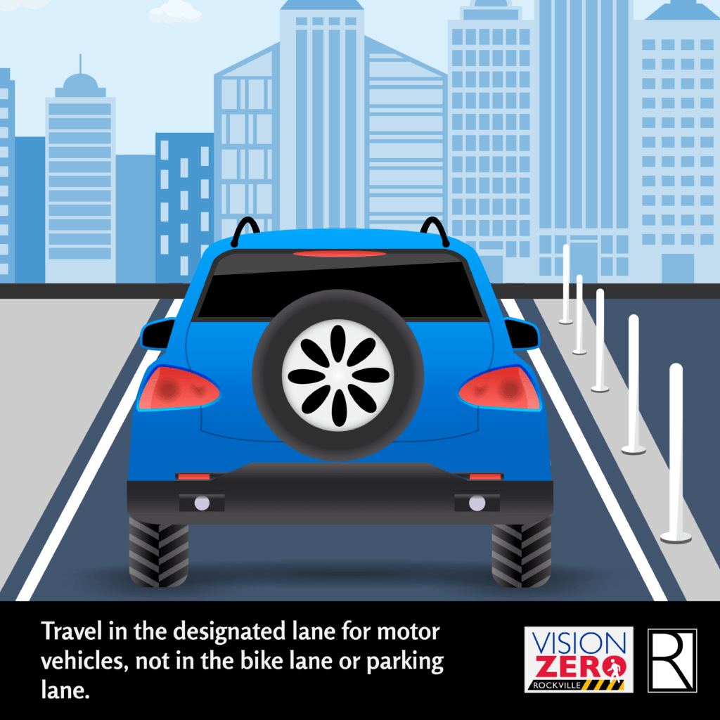 Travel in the designated lane for motor vehicles, not in the bike or parking lane.