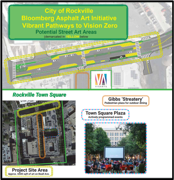 Map outlining the potential street art areas in Rockville Town Square for the Bloomberg Asphalt Art Initiative
