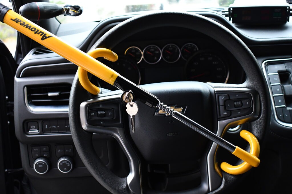 Steering wheel lock in use