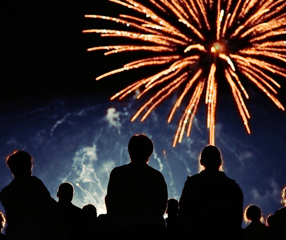 Group of people watching fireworks at night