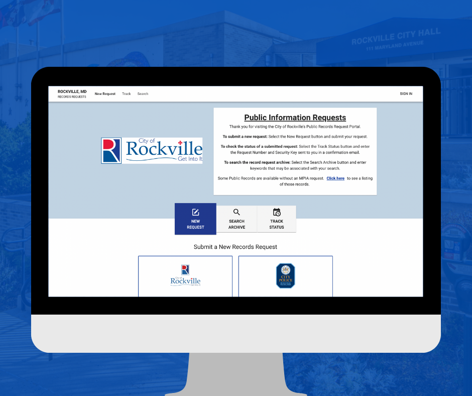 Desktop computer displaying Rockville's JustFOIA webpage