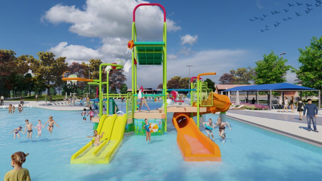 Rendering of pool renovations featuring water slides and open water