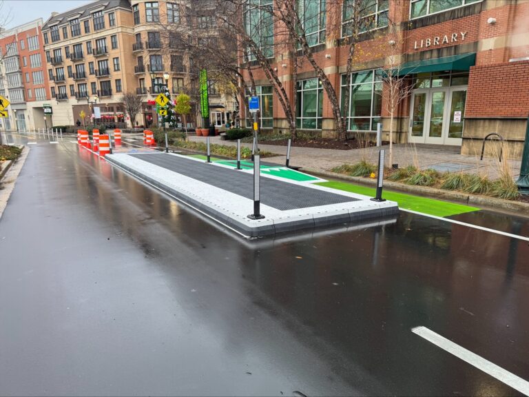 New bus boarding platform on Beall Avenue