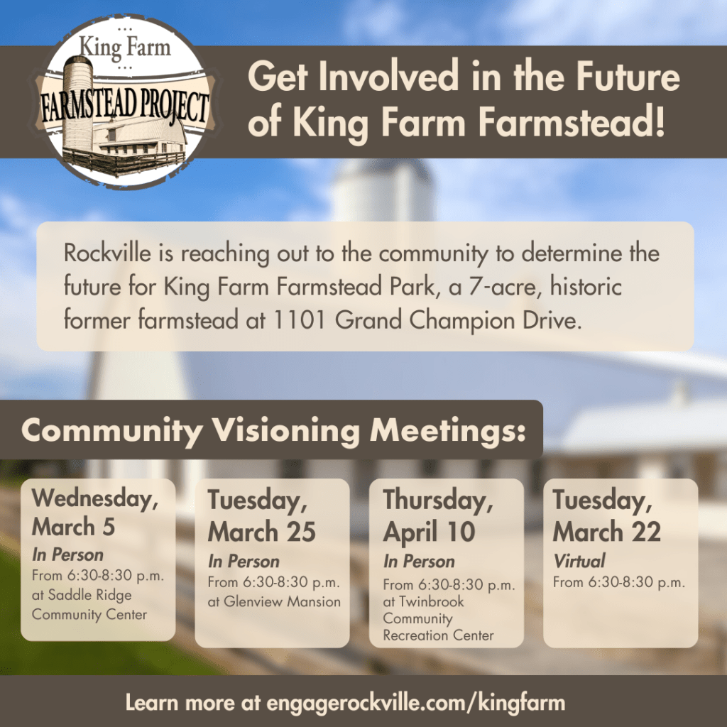 Ad listing dates of community visioning meetings for the King Farm Farmstead project in March-April 2025